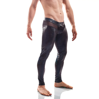 Wojoer black jack disco powernet insert button leggings in size XL with shiny black fabric, subtle blue pattern, and mesh waistband