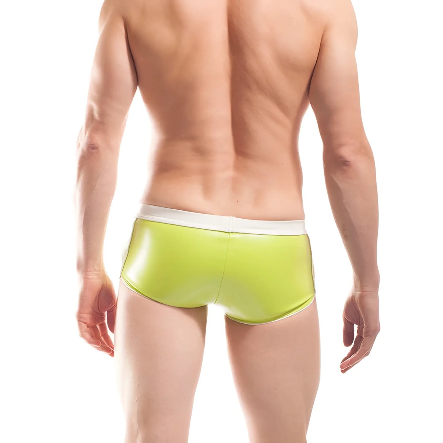 Vibrant lime green glossy latex briefs with white waistband wojoer candygreen pleather curved hem boxer brief xl