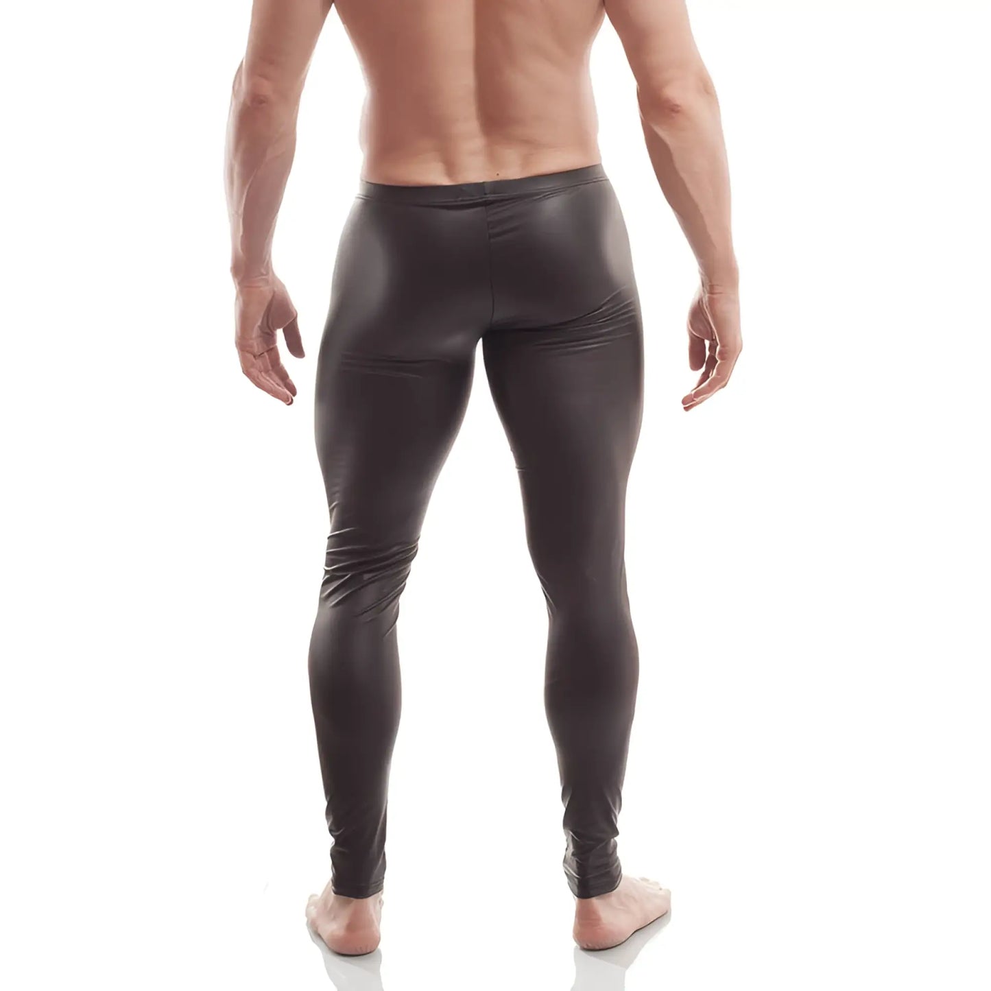 Black shiny wojoer crotchless pleather leggings pants with a glossy finish size xl shown from the front
