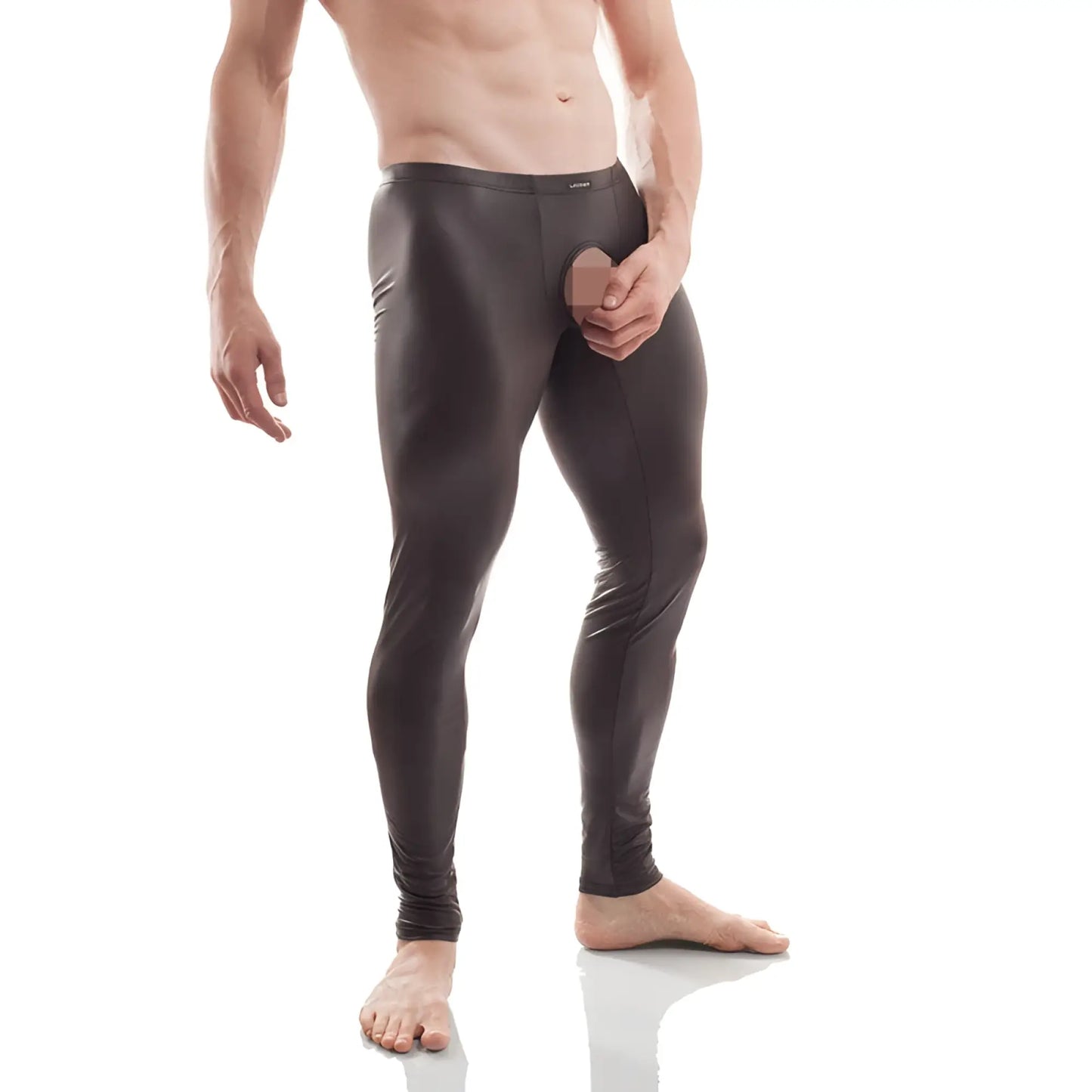 Wojoer crotchless pleather leggings pants in black with a shiny reflective sheen form fitting size xl