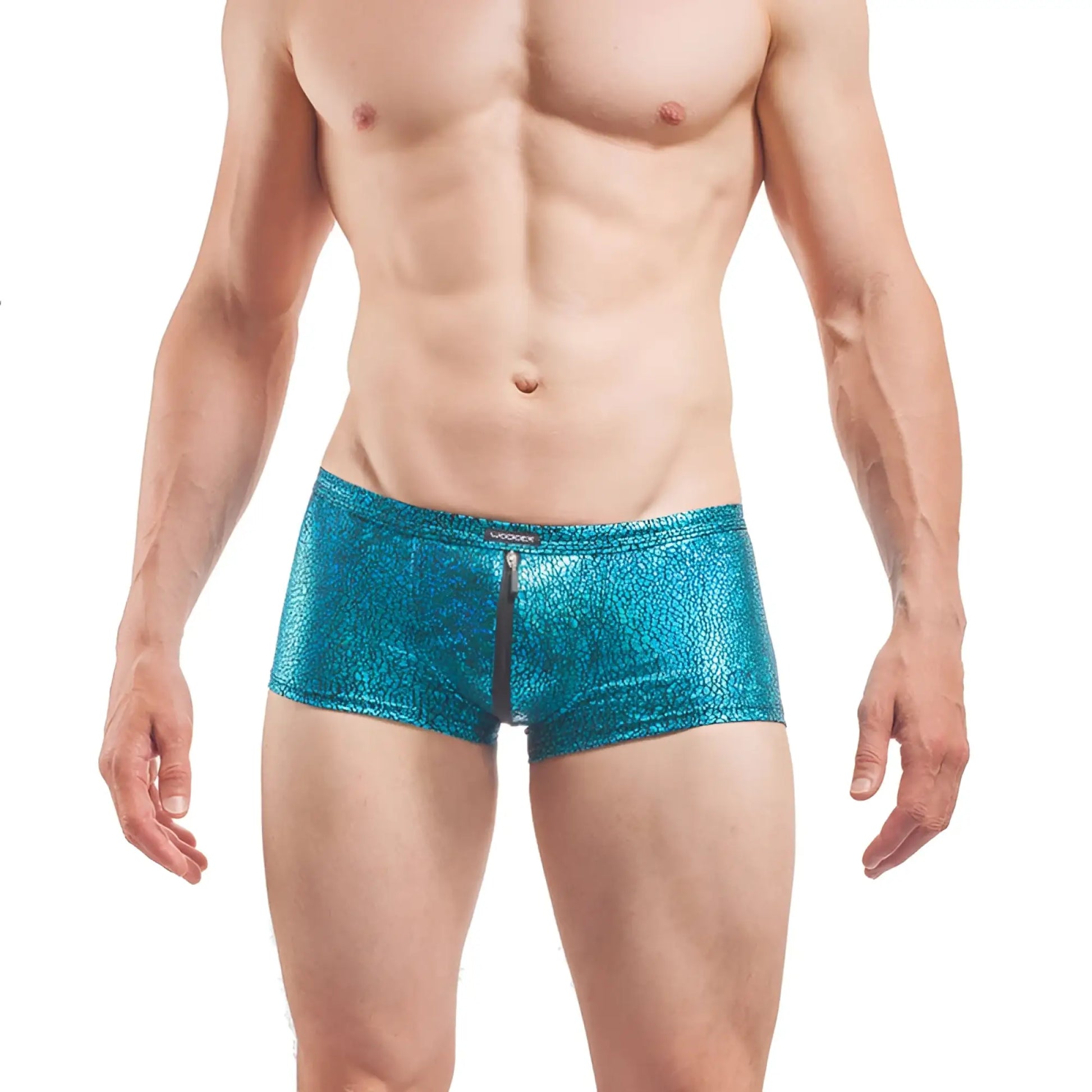 Wojoer desert shiny crackle glass zipper boxer brief underwear in shiny teal metallic with front zipper size xl