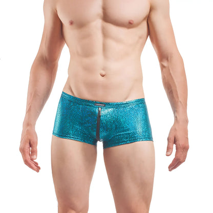 Wojoer desert shiny crackle glass zipper boxer brief underwear in shiny teal metallic with front zipper size xl