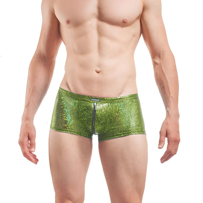 Wojoer desert shiny crackle glass zipper boxer brief underwear xl with shiny green metallic patterned fabric and central zipper