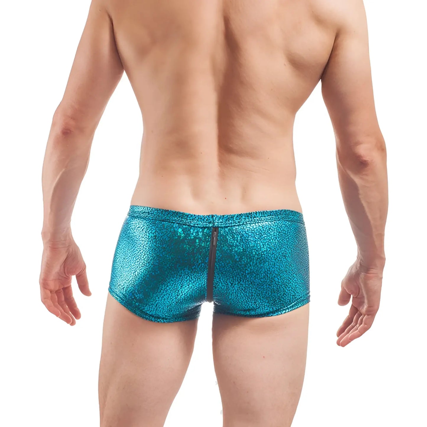 Wojoer desert shiny crackle glass zipper boxer brief underwear in shiny teal metallic with pebbled texture and central zipper