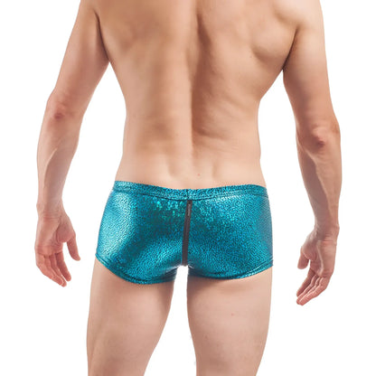 Wojoer desert shiny crackle glass zipper boxer brief underwear in shiny teal metallic with pebbled texture and central zipper