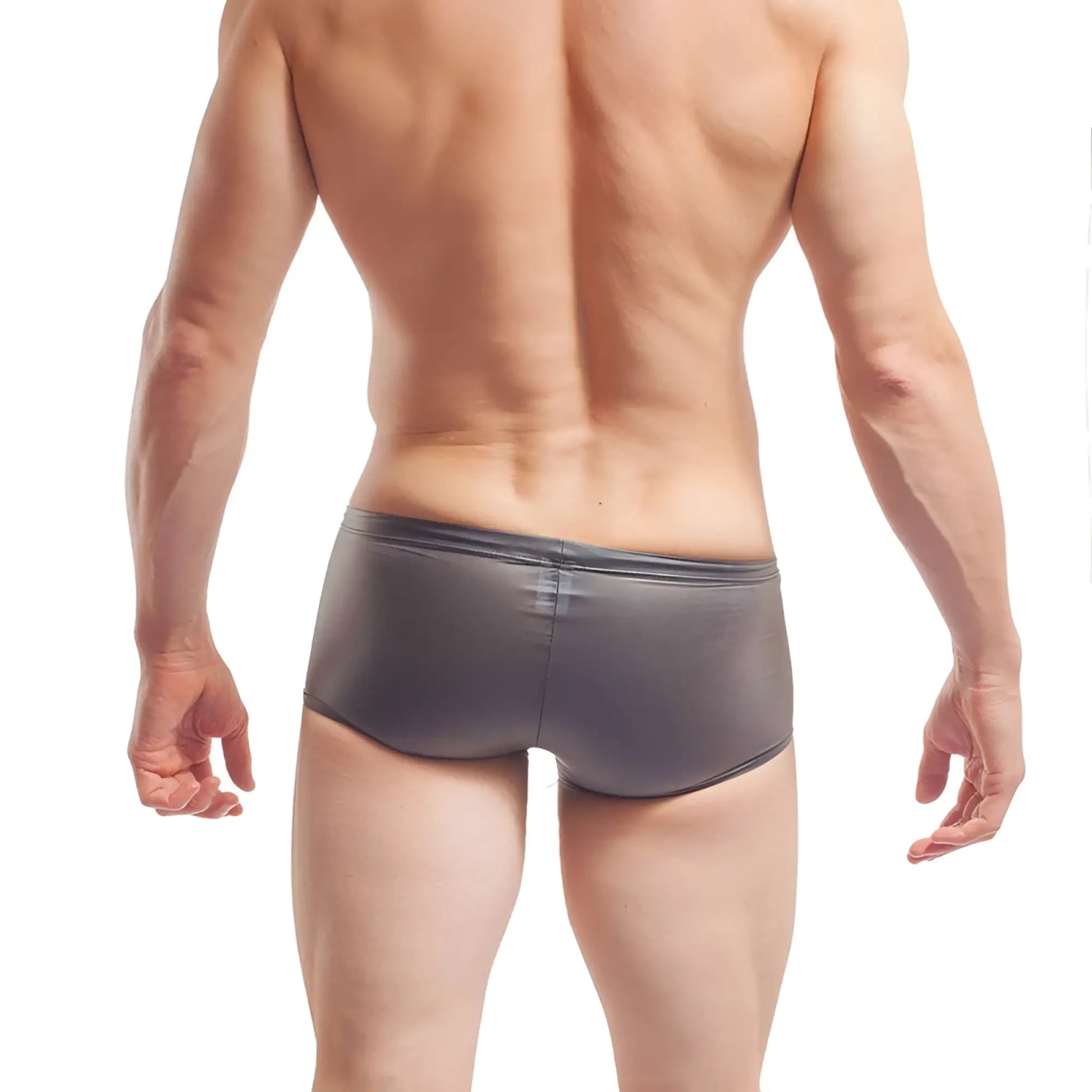 Gray shiny form-fitting swim trunks made of wojoer fun-x-tion latex in size xl for comfortable active wear