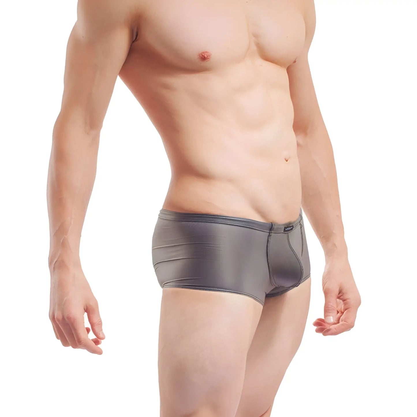 Wojoer fun-x-tion gray latex transparent boxer briefs with subtle sheen and reinforced waistband stitching size xl