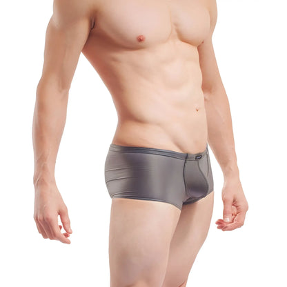 Wojoer fun-x-tion gray latex transparent boxer briefs with subtle sheen and reinforced waistband stitching size xl