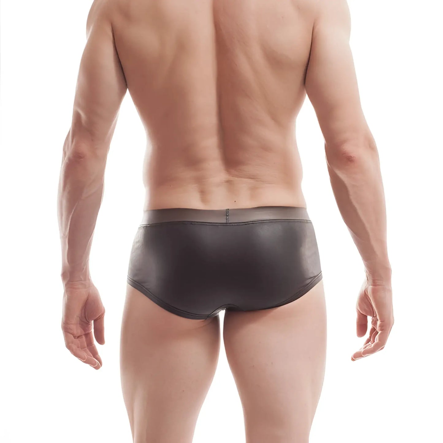 Black wojoer funplastic rubber hipster boxer briefs with transparent waistband and glossy finish size xl