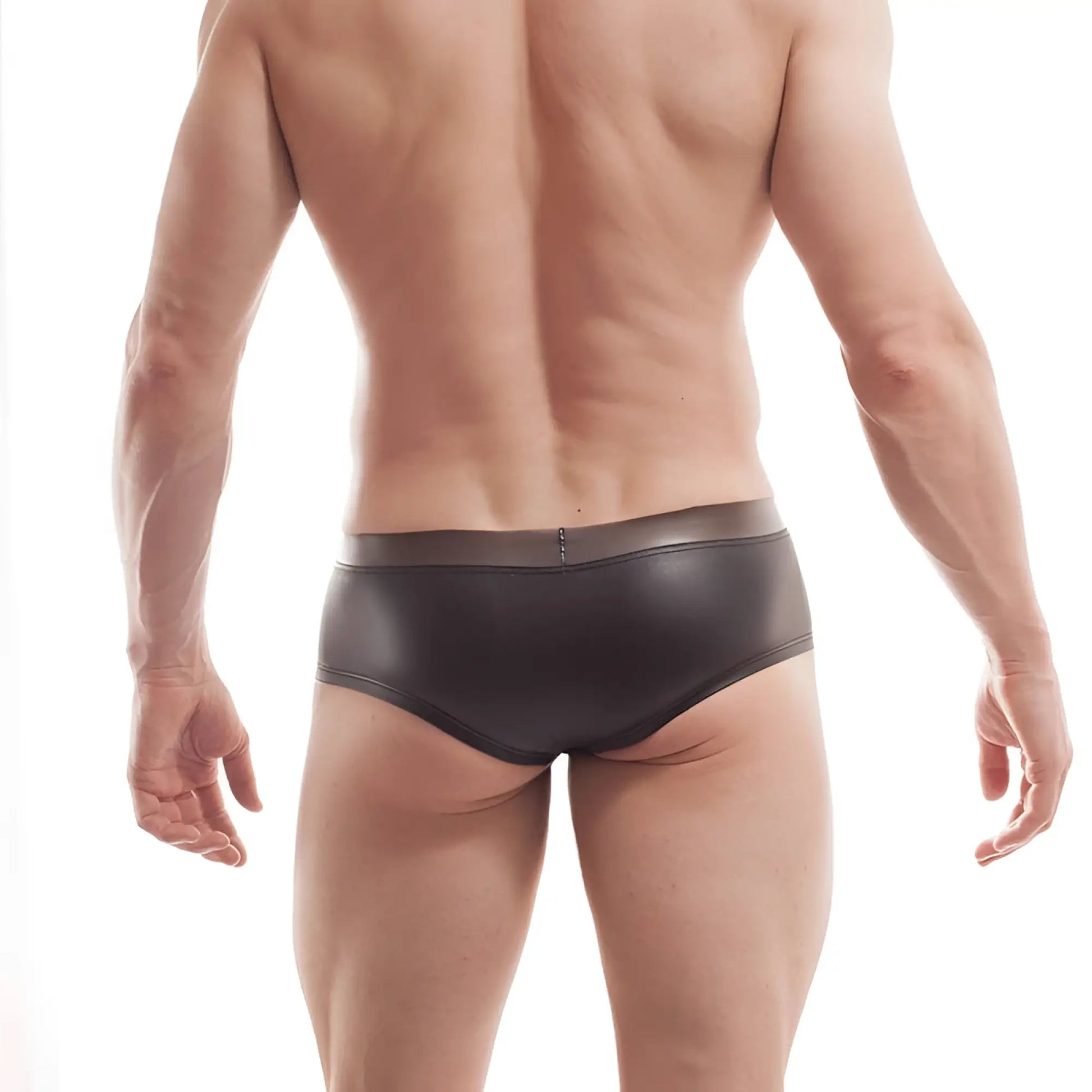 Black wojoer funplastic rubber mini hipster boxer briefs with smooth glossy faux leather and transparent waistband xl
