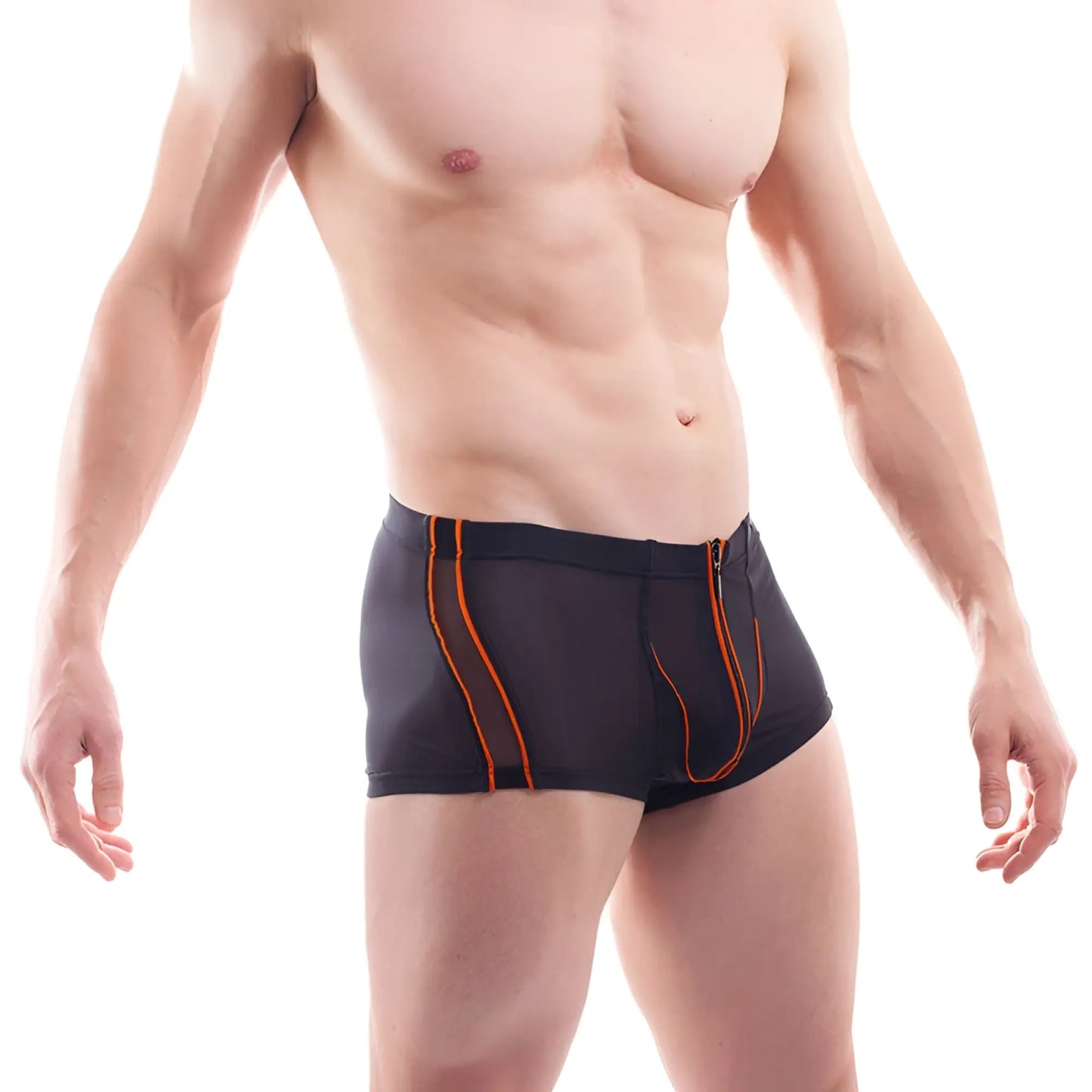 Wojoer black athletic boxer briefs with vibrant orange piping and front zipper powernet insert size m