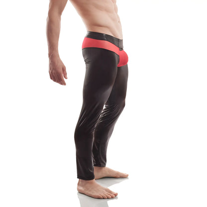 Black shiny Wojoer Poison leggings with bold red waistband and mesh powernet insert slit button detail size XL