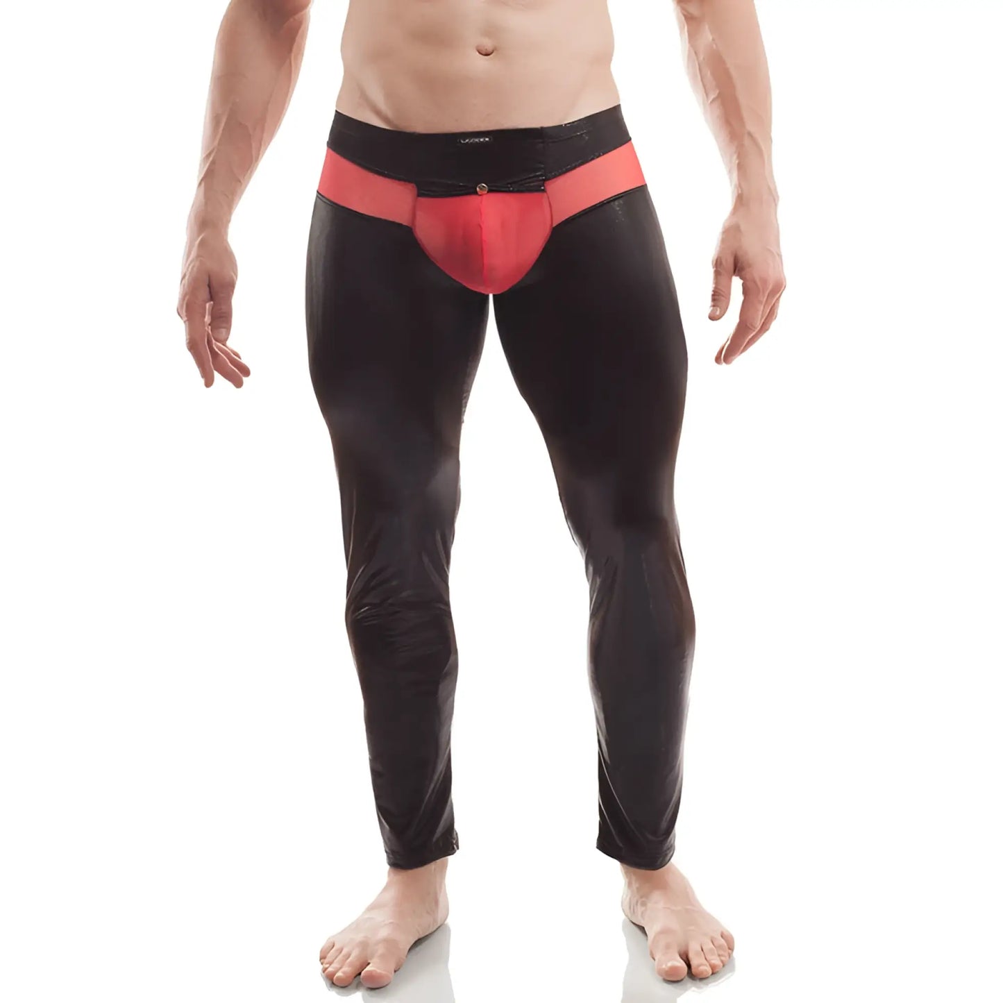 Black and red metallic finish men’s briefs with sleek form-fitting design in wojoer poison foiled mesh leggings size xl