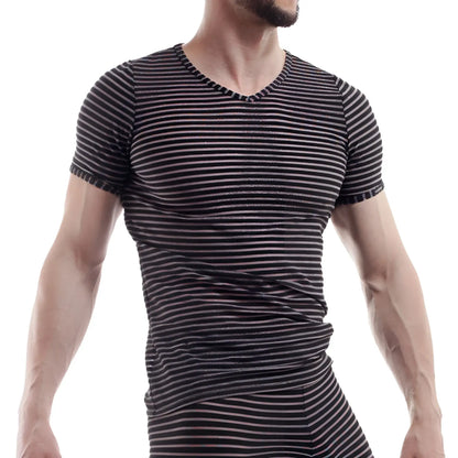 Wojoer WDF glitter stripe short sleeved v neck t shirt in black and white horizontal stripes size large
