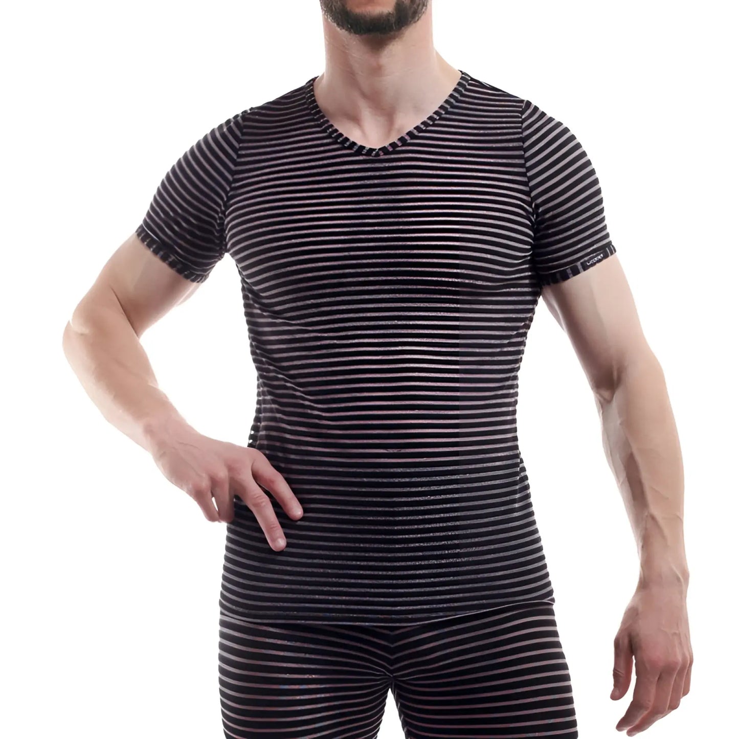 Wojoer WDF glitter stripe v neck short sleeved t shirt in black and white snug fit size L