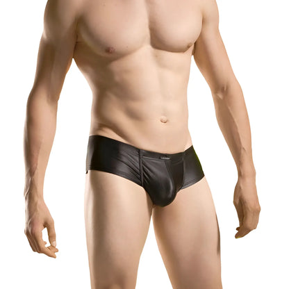 Wojoer wet matte hipster cheeky bikini swimwear black shiny faux leather briefs with sleek form fitting design size XL back view