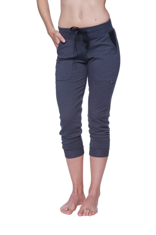 Women’s 3/4 cuffed capri yoga pants in dark heather gray with black drawstring waistband and side pockets