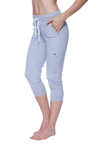 Light gray heathered women’s 3/4 cuffed capri yoga pants with white drawstring waistband and side pockets