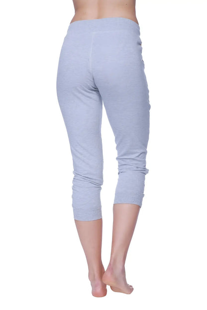 Women’s 3/4 cuffed capri yoga pants in light gray heathered soft stretchy fabric with ribbed cuffs and orange accents