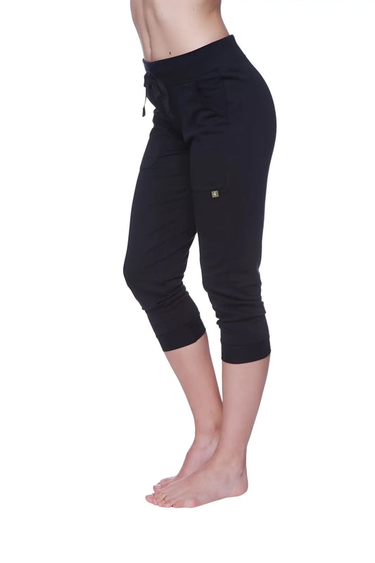 Women’s solid black capri yoga pants with drawstring waistband and subtle side pockets for activewear use