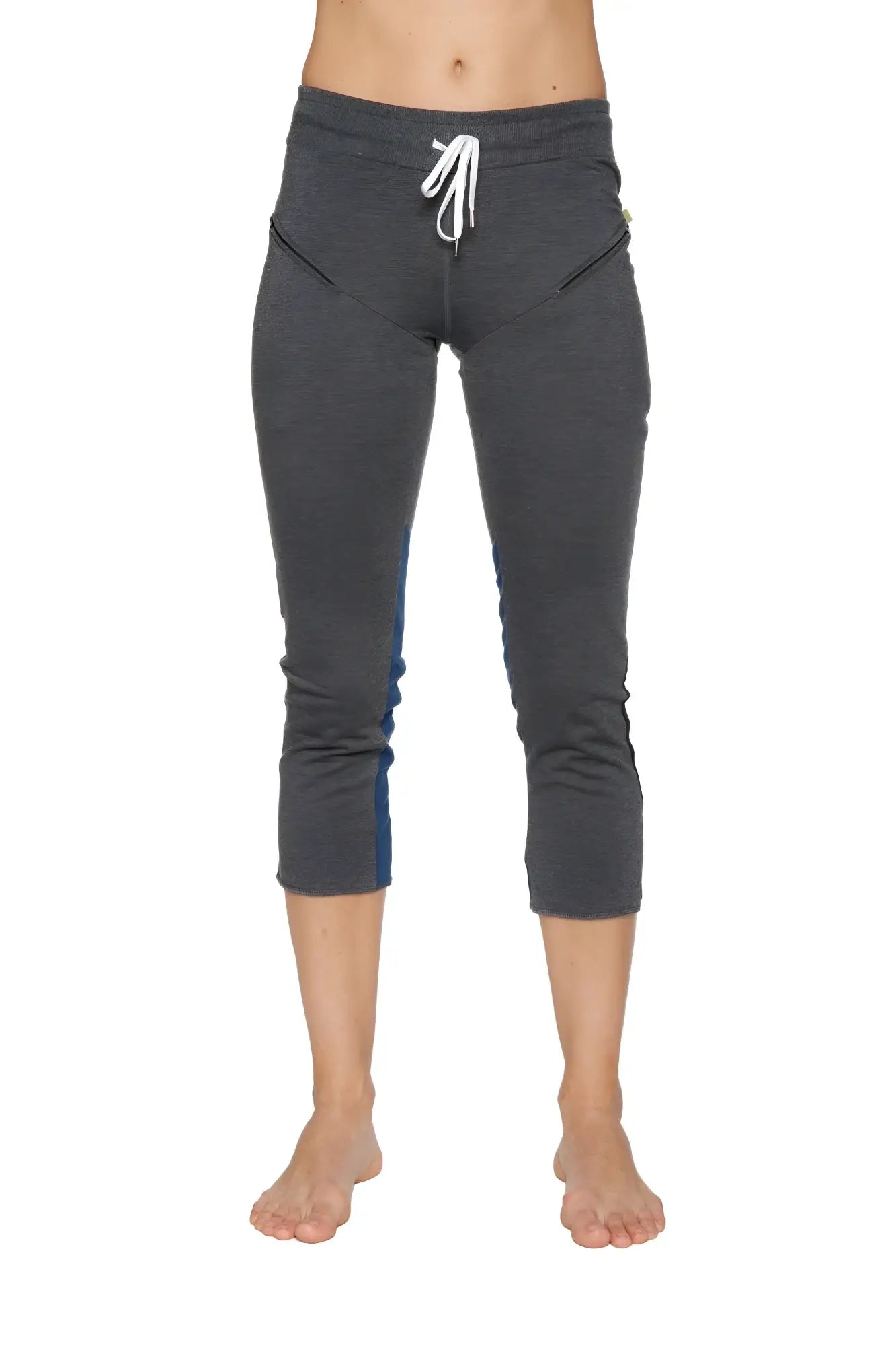 Women’s charcoal capri yoga pants with blue side panels and white drawstring waistband for activewear