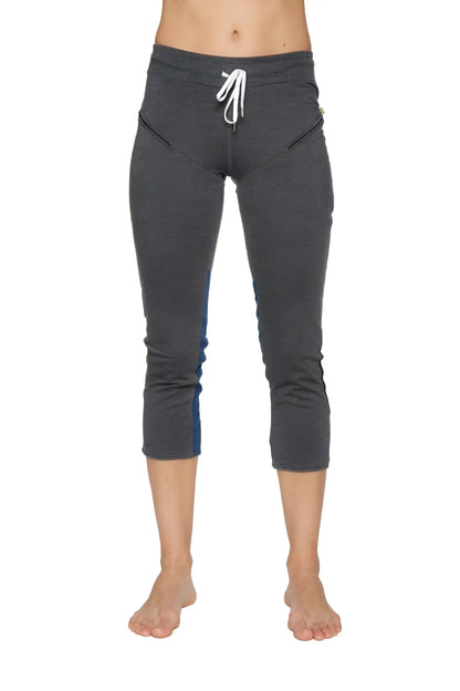 Women’s charcoal capri yoga pants with blue side panels and white drawstring waistband for activewear