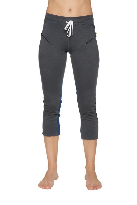 Women’s charcoal capri yoga pants with blue side panels and white drawstring waistband for activewear