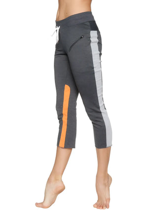 Women’s 4 5 length zipper pocket capri yoga pants in charcoal with grey and orange featuring white drawstring waistband