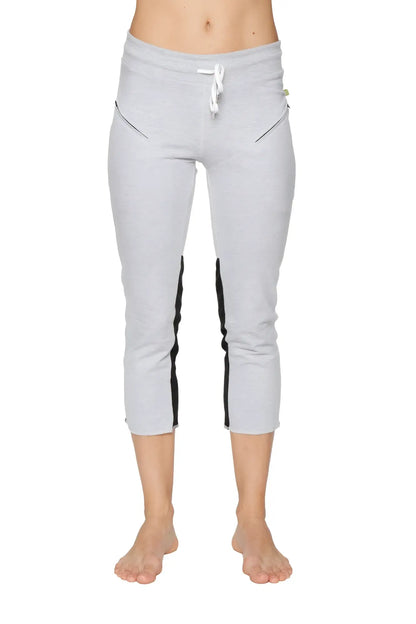 Women’s gray 4/5 length capri yoga pants with black side stripes white drawstring waistband and zipper pockets