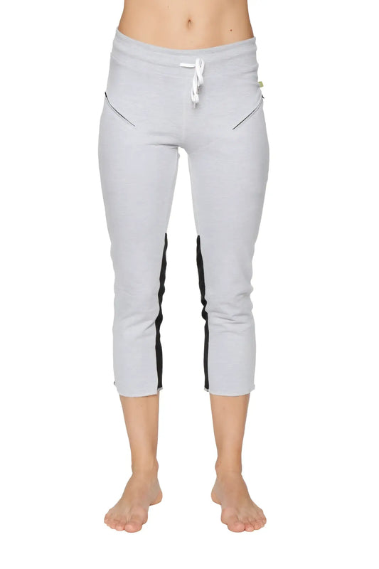 Women’s gray 4/5 length capri yoga pants with black side stripes white drawstring waistband and zipper pockets
