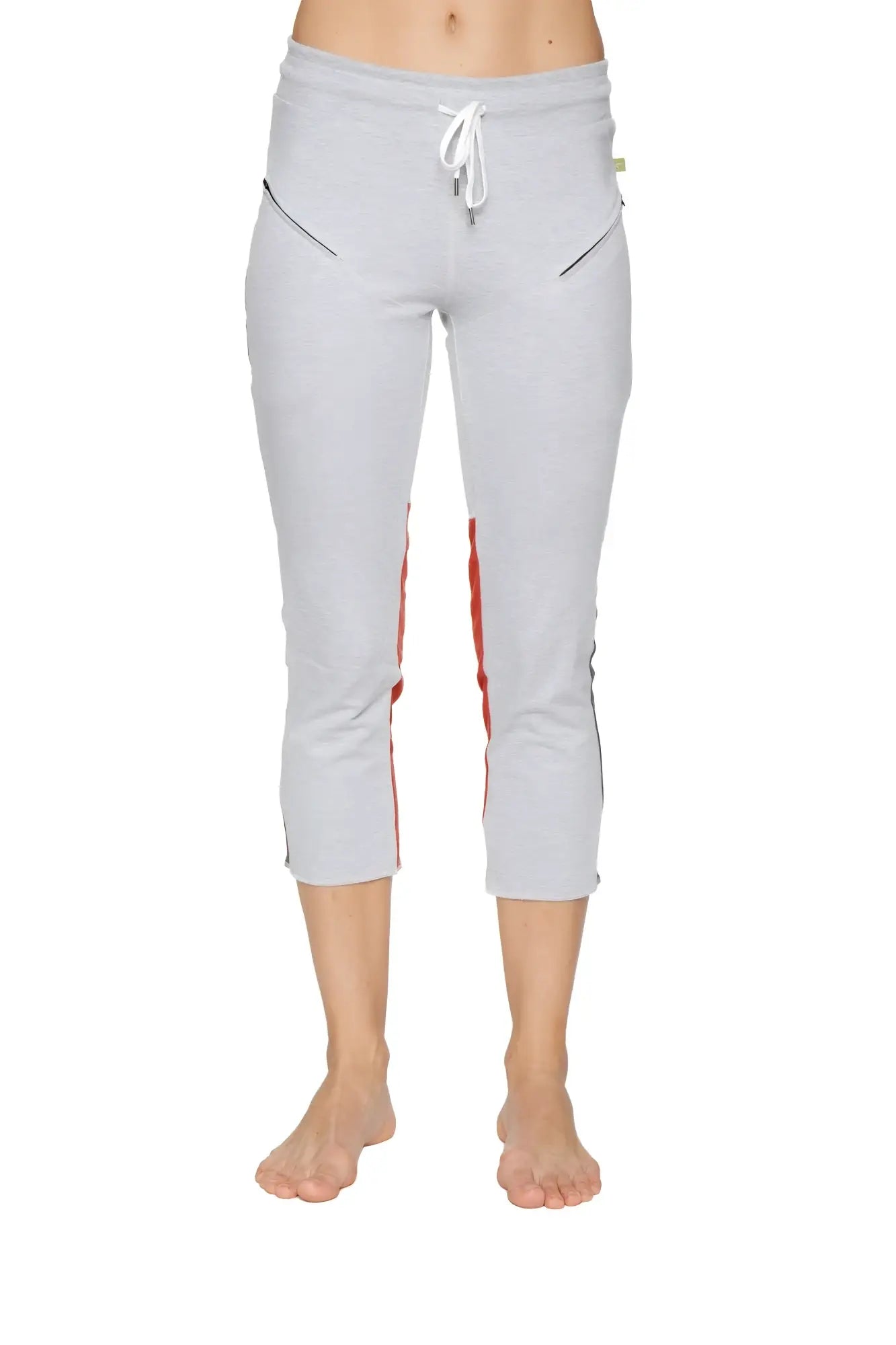 Women’s grey 4/5 length capri yoga pant with red and black side stripes white drawstring waistband and zipper pockets