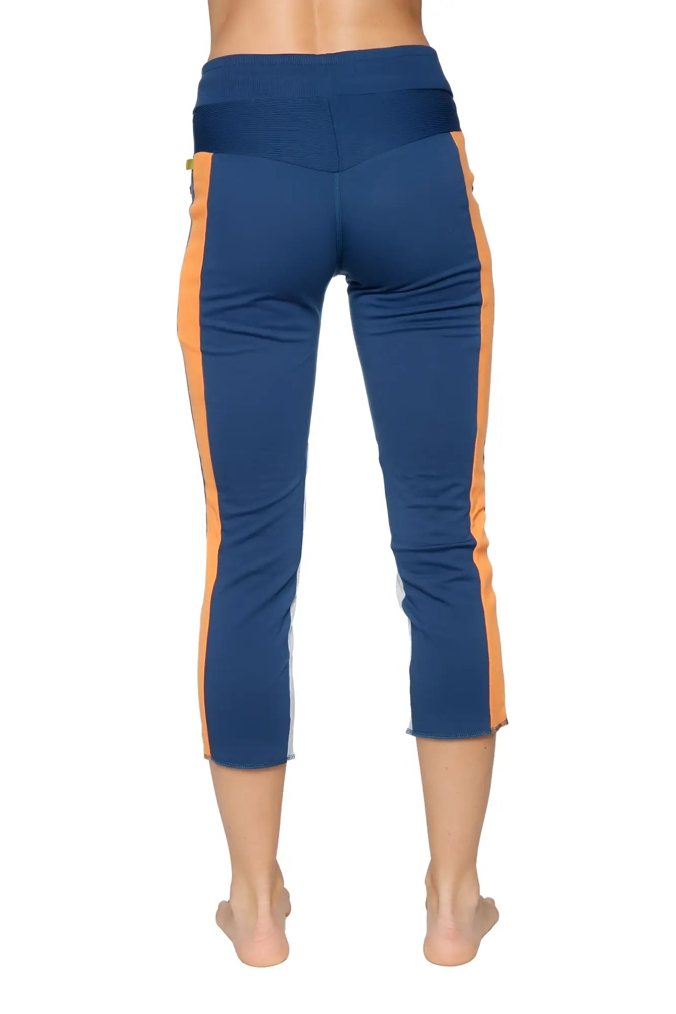 Women’s royal blue orange and grey 4/5 length high-waisted capri yoga pants with zipper pockets