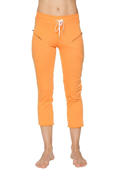 Women’s sun orange 4/5 length zipper pocket capri yoga pants with white drawstring waistband and side pockets