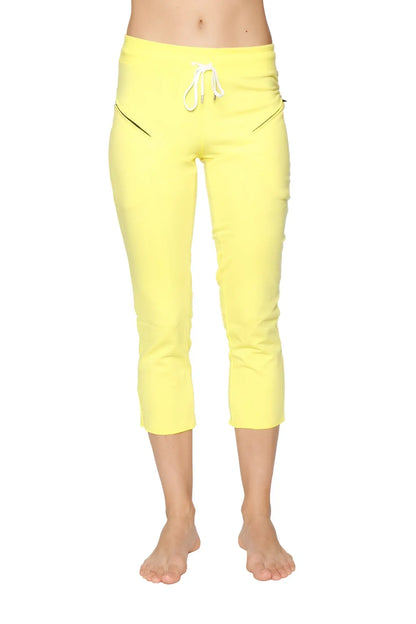 Women’s 4/5 length zipper pocket capri yoga pants in bright yellow with white drawstring waistband and black zipper accents