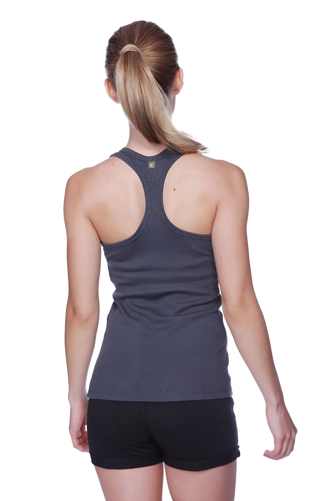 Women’s all-american racerback tank top in dark gray heathered fabric with a small gold logo at the neckline