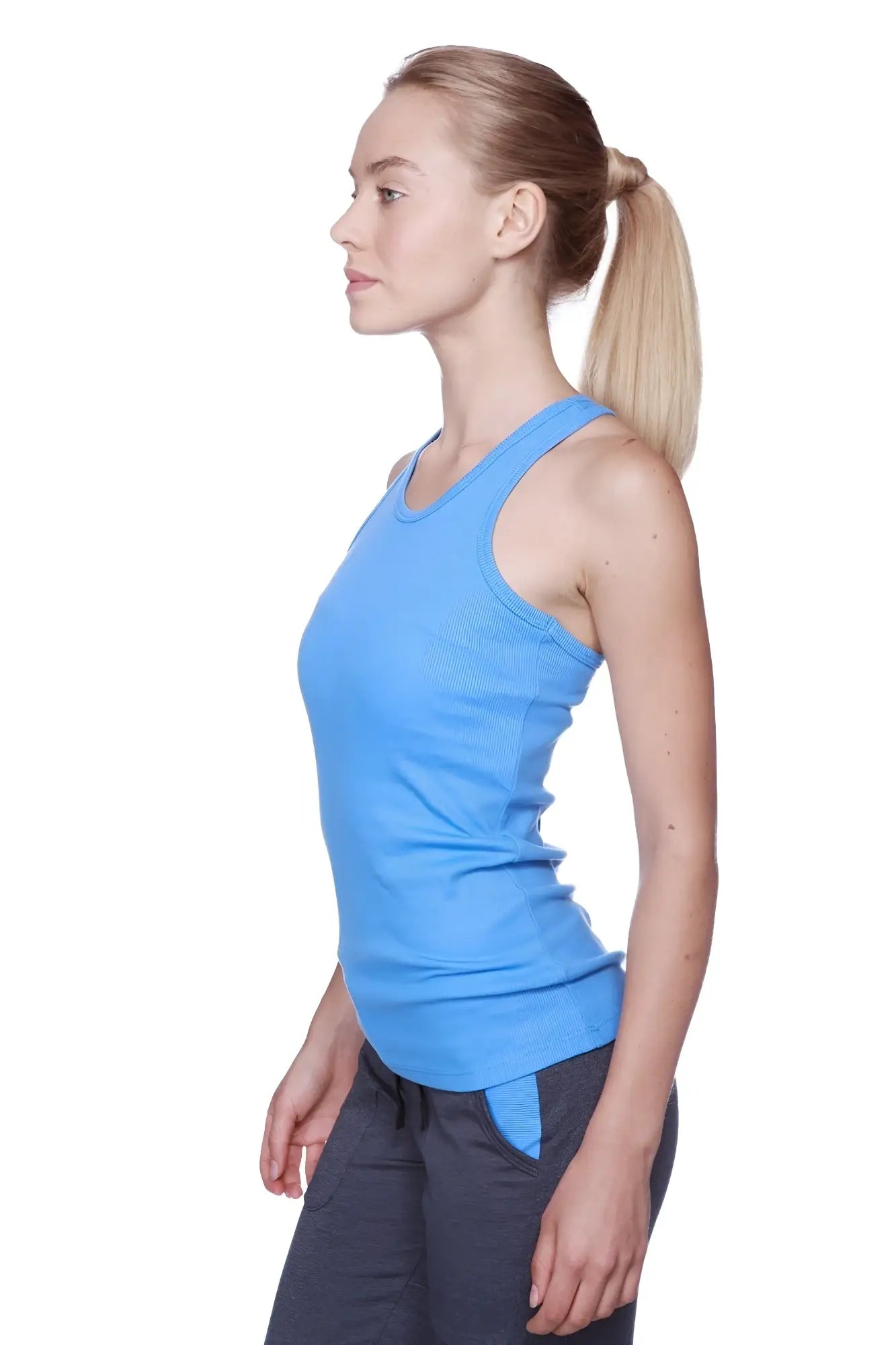 A vibrant ice blue ribbed women’s all-american racerback tank top with scoop neckline and side seam detail