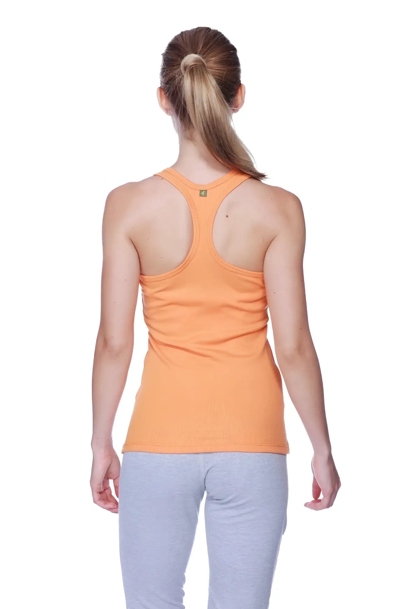Back view of women’s all-american sun orange ribbed racerback tank top with small logo on upper back