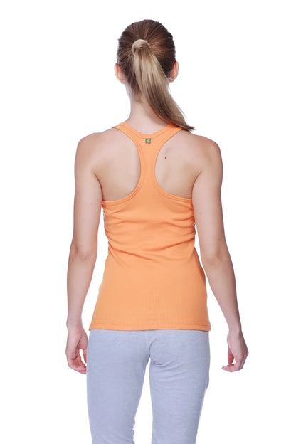 Back view of women’s all-american sun orange ribbed racerback tank top with small logo on upper back