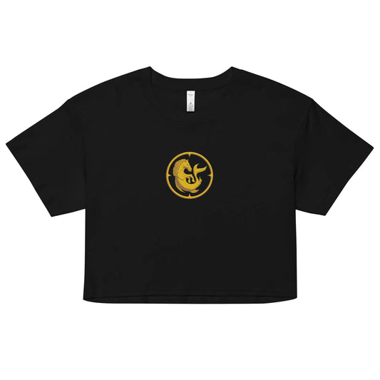 Black cropped men's top featuring an embroidered gold logo made by Maris Equi with short sleeves and a relaxed fit.