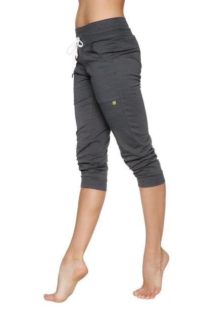 Women’s solid charcoal cuffed jogger yoga pant with dark gray capri length white drawstring waistband elastic cuffs