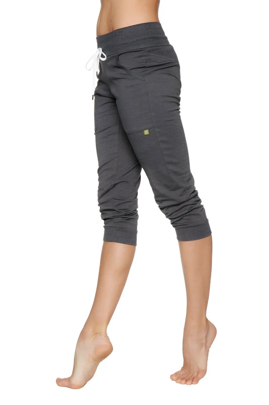 Women’s solid charcoal cuffed jogger yoga pant with dark gray capri length white drawstring waistband elastic cuffs