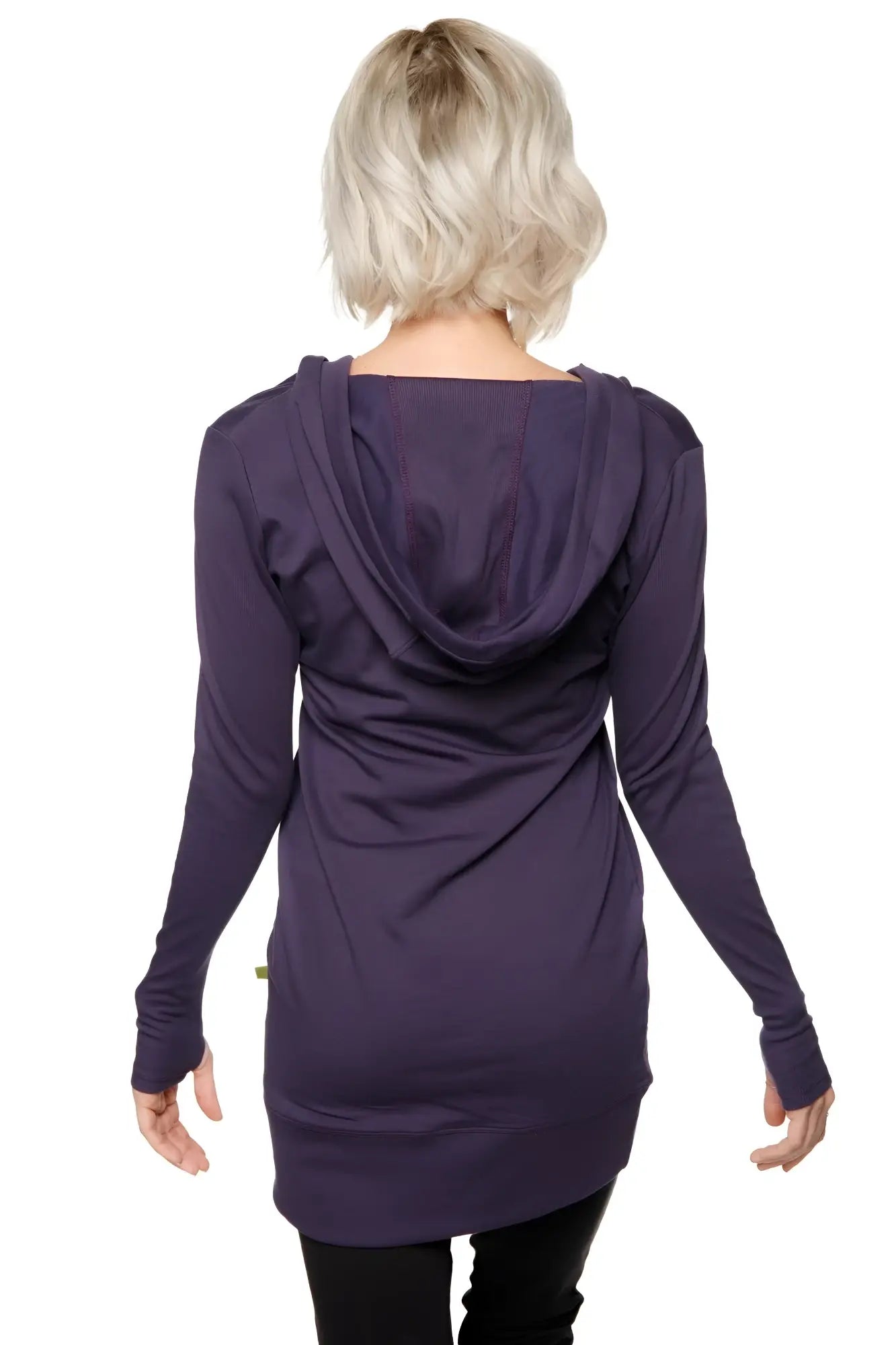 Women’s long body hoodie top in eggplant purple with long sleeves and relaxed draped silhouette