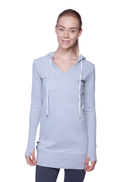 Women’s long body hoodie top in heather grey with charcoal detail featuring a v-neck and white drawstrings
