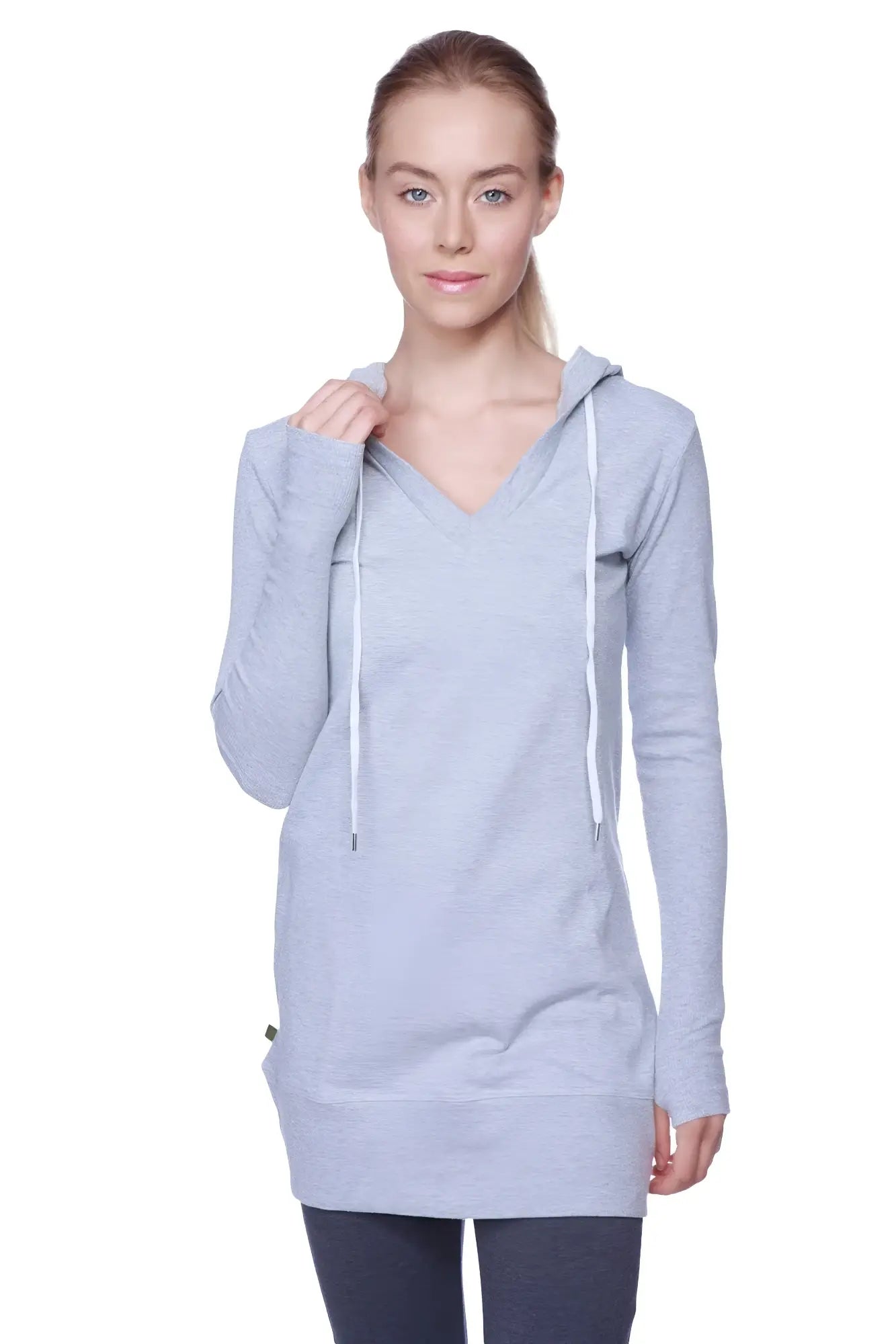 Women’s long body hoodie top heather grey with charcoal light gray heathered long-sleeved v-neck and white drawstrings