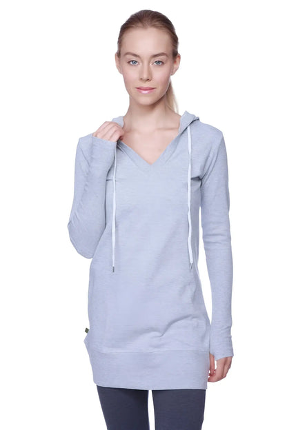 Women’s long body hoodie top heather grey with charcoal light gray heathered long-sleeved v-neck and white drawstrings