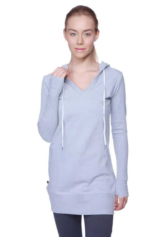 Women’s long body hoodie top heather grey with charcoal light gray heathered long-sleeved v-neck and white drawstrings