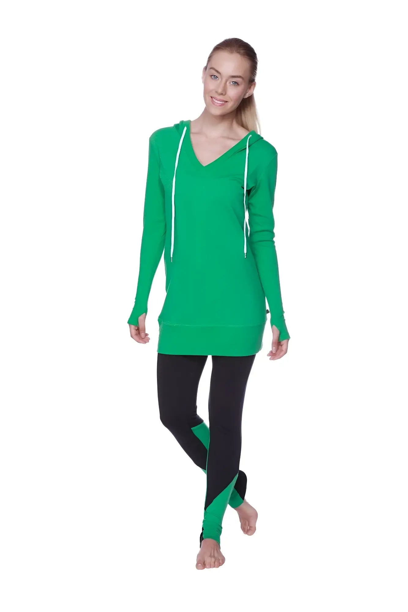 A vibrant solid bamboo green women’s long body hoodie top with long sleeves white drawstrings and v neck
