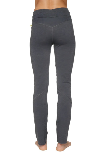 Dark gray high waisted organic boyfriend yoga training pant leggings with heathered texture and side seam detailing