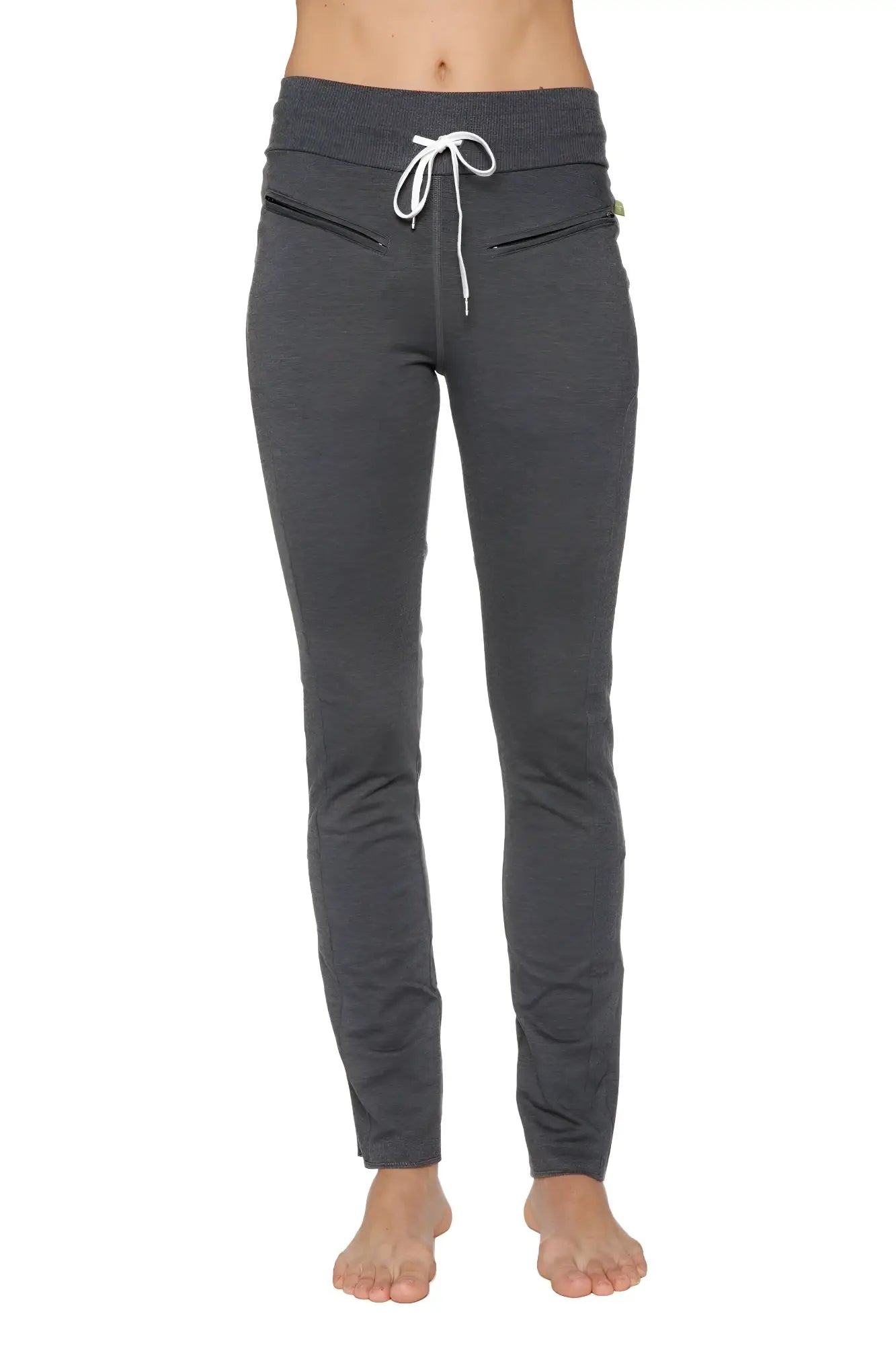 Women organic boyfriend yoga training pant in dark gray soft fabric with white drawstring and two front zippered pockets