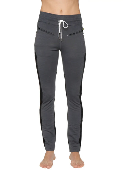 Women’s organic boyfriend yoga training pant gray with black side stripes and white drawstring waistband